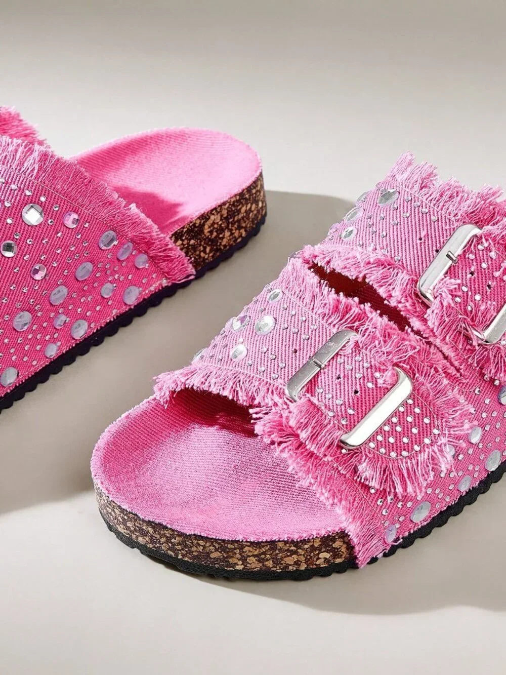 Hot Pink Casual Women's Round Toe Fringed Rhinestone Double Buckle Flat Shoes